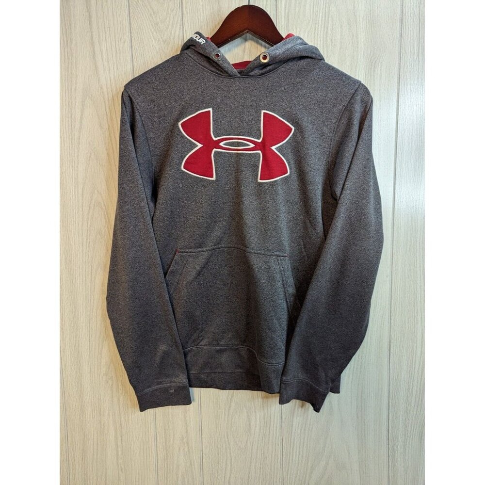 Under Armour Cold Gear Hoodie Sweatshirt Mens S Small Gray Red Logo Loose Fit